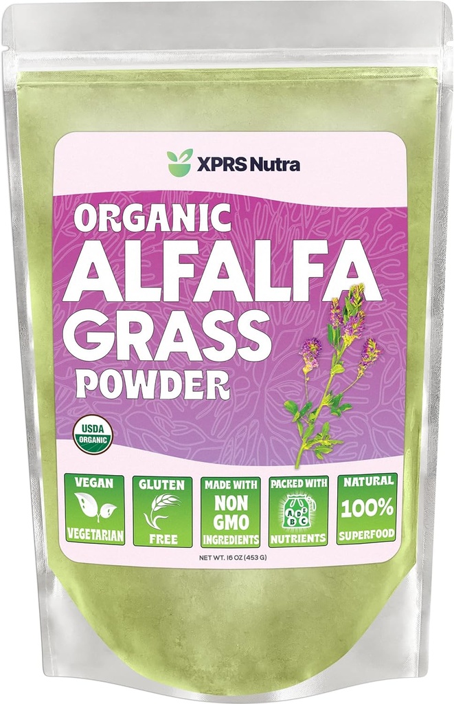 XPRS Nutra Orgaaniline Alfalfa Pulber - Premium Vegan Toidulisand Rikas Kaltsiumi, Antioksüdandid, Vitamiinid - Farmer Supplement lastele ja täiskasvanutele - Vegan Sõbralik Alfalfa Leaf (16 Ounce)