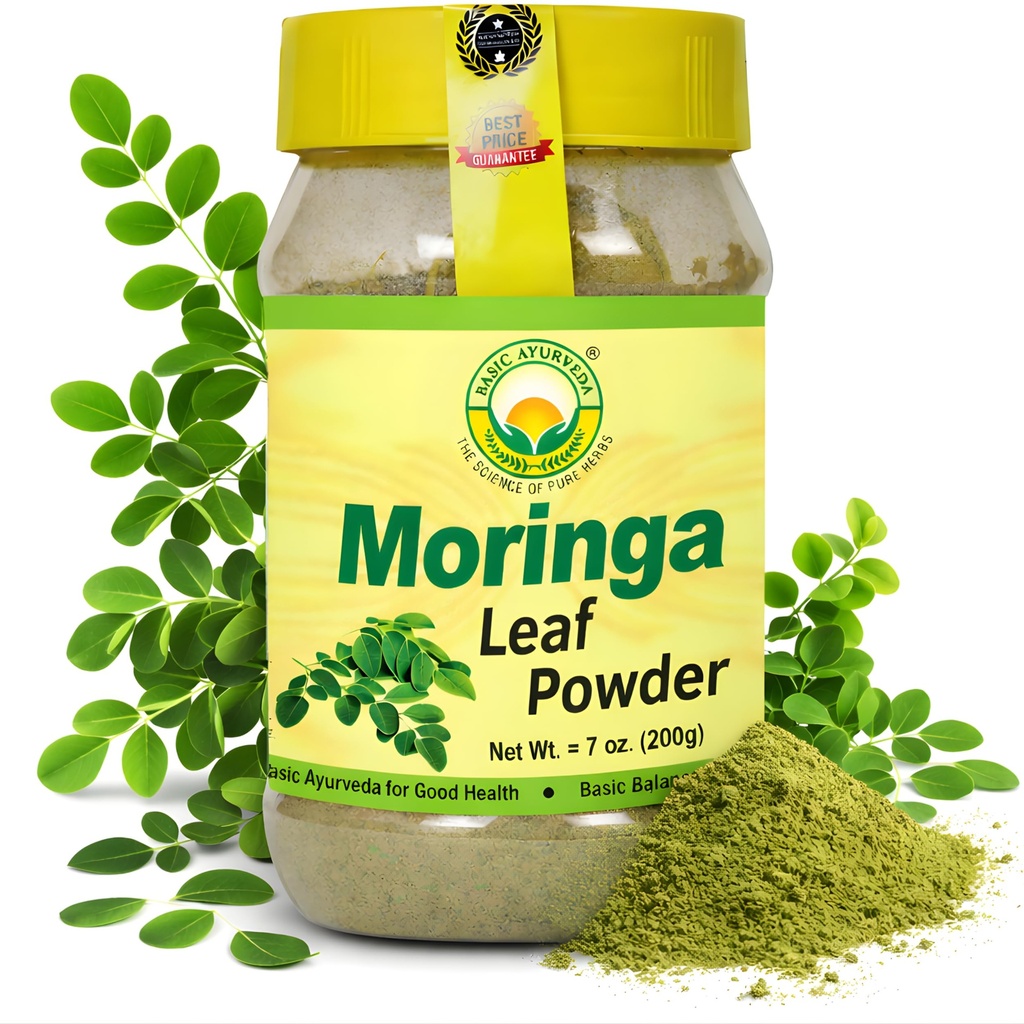BASIC AYURVEDA Moringa Leaf Powder | 7,05 Oz (200 g) | Antioksüdantide rikas | Vegan, mitte-GMO ja kuivatatud roheline supertoit | Lihtne kasutada smuutides, taimsetes teedes, jookides ja toiduvalmistamisel