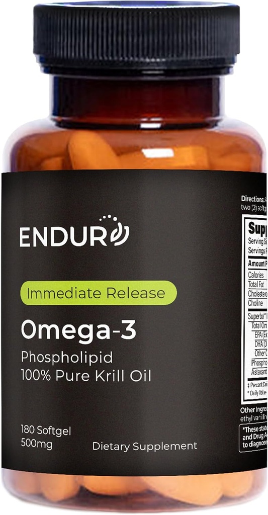 Endur Omega-3 fosfolipiid (100% puhas krillõli), südame tervise täiendus, formuleeritud optimaalseks imendumiseks, gluteenivaba, 500mg (180 softgels)