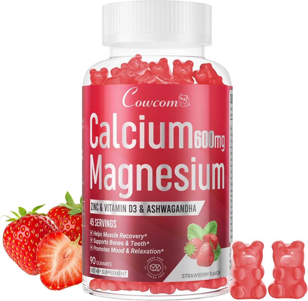Kaltsium Magneesium Tsink Gummies & Vitamiin D3, B6, B12, Immune & Toetav Luu Tervis Kaltsium Magneesium täiendus Naistele, Suhkruvaba Vegan Maasikas 90 Loeb