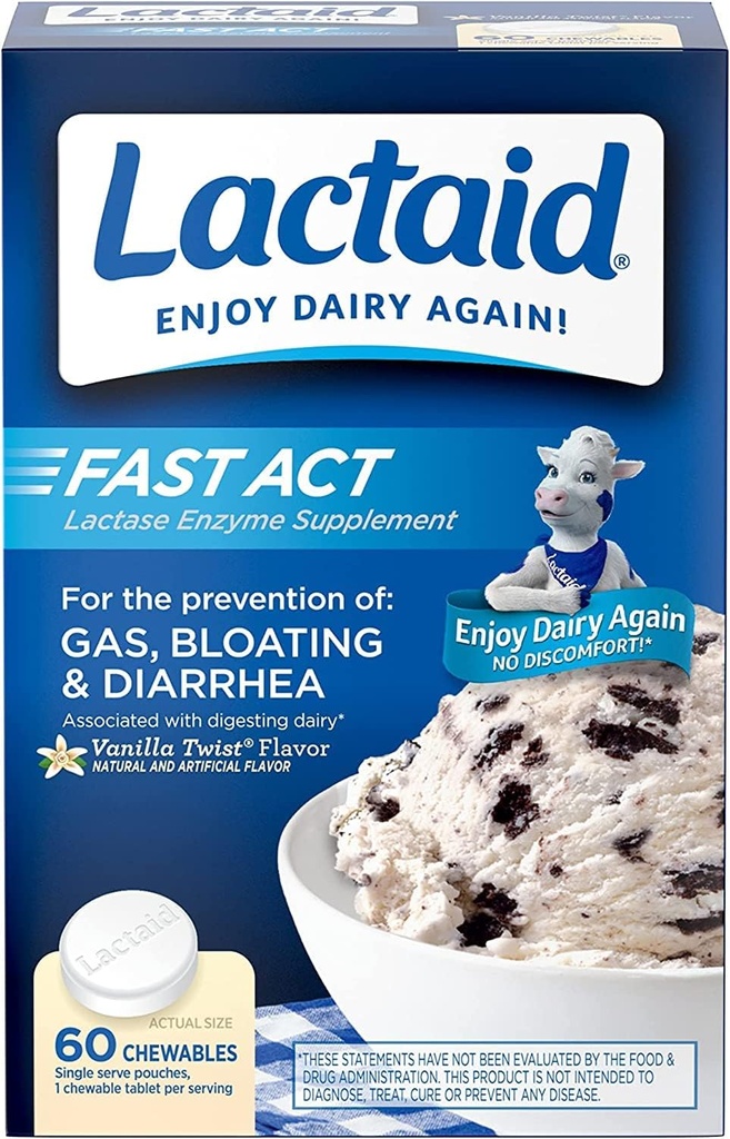 Lactaid Fast Act Laktoosi tolerants Relief närimistables koos laktaasi ensüümiga, et vältida gaasi, puhitust ja kõhulahtisust laktoositundlikkuse tõttu,Ideaalne reisimiseks & On-the-Go, Vanilla Twist,60 pakendit 1-ct.(5pk)