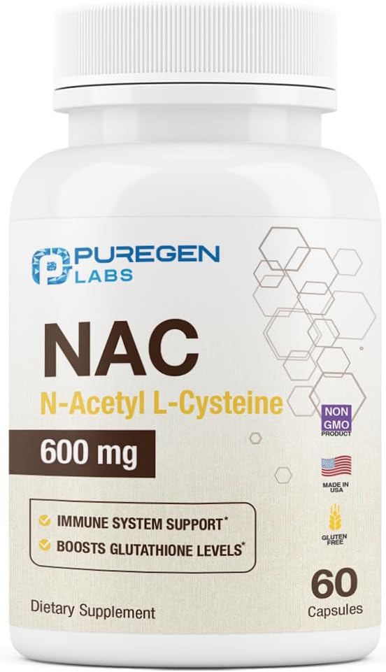 Puregen Labs N-atsetüül-L-tsüsteiin (NAC) 600mg, toetab immuunsüsteemi, hingamist, maksa tervist, NAC 600 mg, tugevat antioksüdanti tugi, vabad radikaalid, kergesti imenduv - 60 taimekapslit