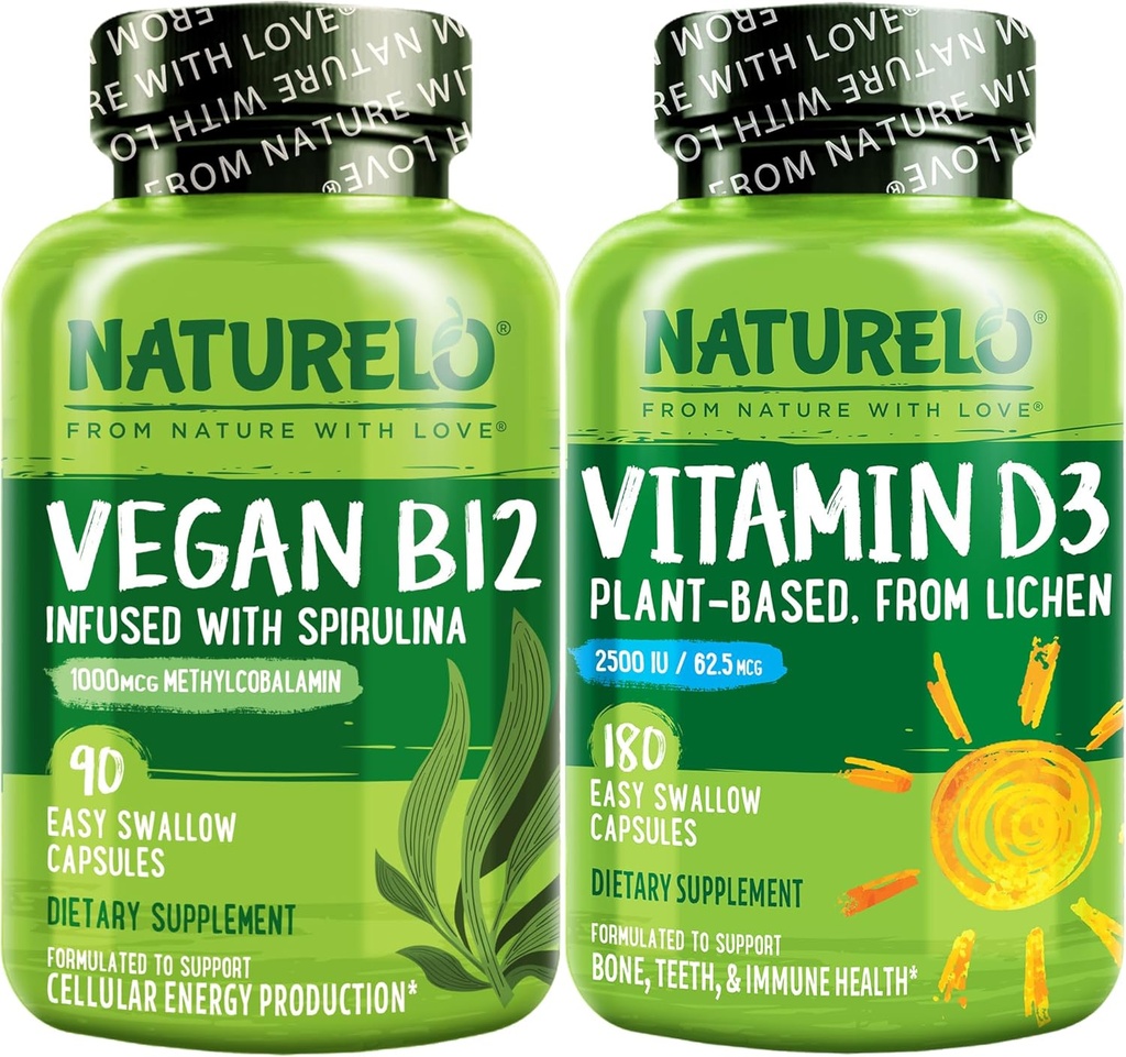 NATURELO Vitamin D - Plant Based from Lichen - 180 Mini Capsules, Vegan B12, 1000 mcg Methylcobalamin - 90 Capsules