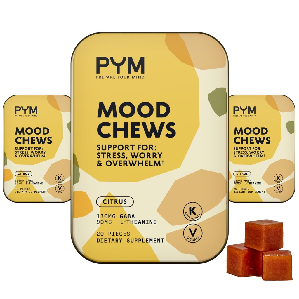PYM Citrus Mood Chews Toetus Stress, Mure & Overwhelm, 60 Count | 130mg GABA, 90mg L-Theanine | Vegan, Non-GMO, Gluteenivaba, No Added Sugar | All Natural Mood Balance Supplement Made in USA