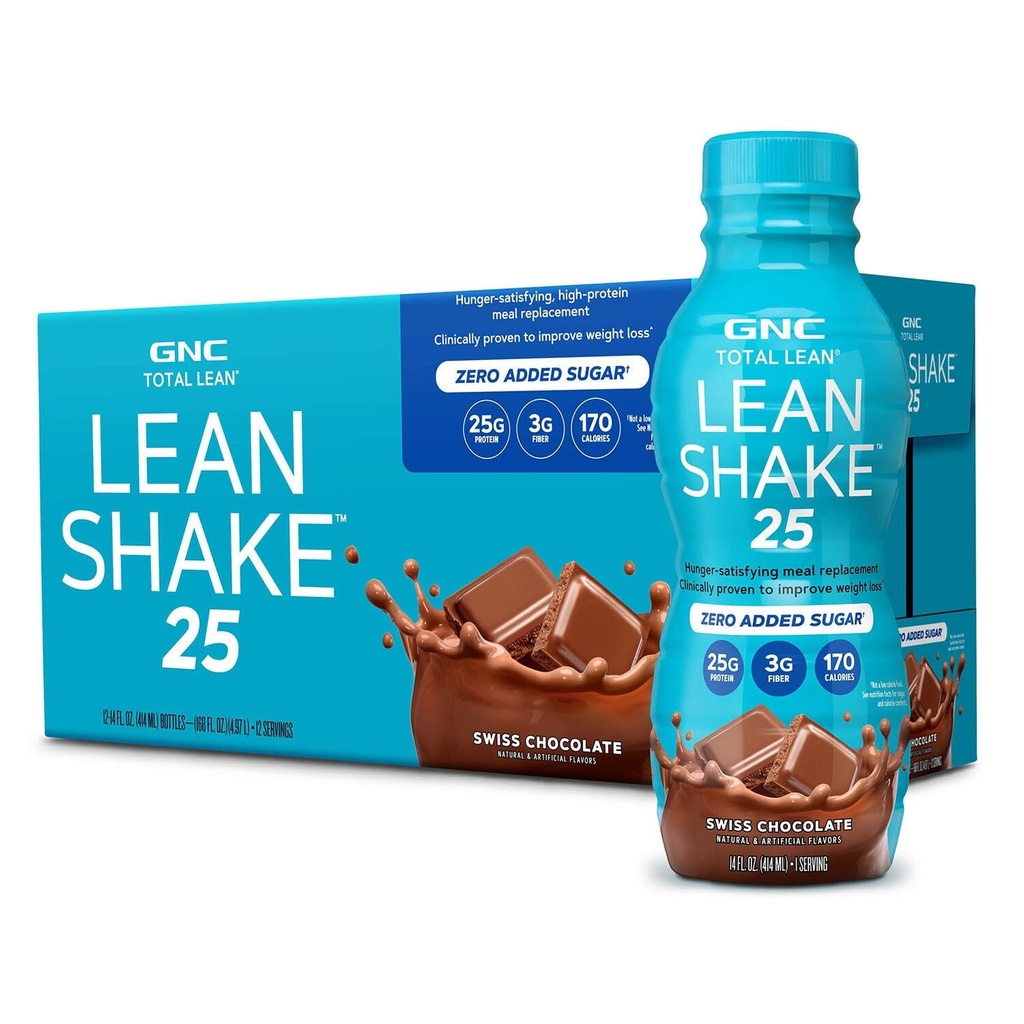 GNC Lean Shake 25 valgu raputamine, kliiniliselt tõestatud kaalujälgimine, toidu asendamine, 25 g valku nulllisandiga suhkruga, valmis jooma, Šveitsi šokolaad, pakend 12