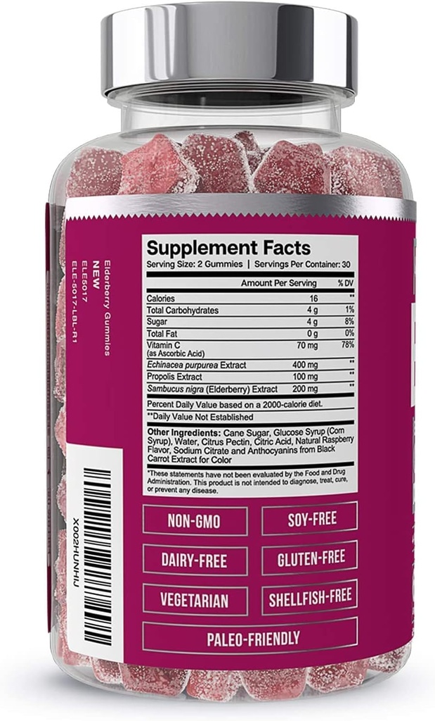 Essentsiaalsed elemendid Elderberry Gummies täiskasvanutele - 4-in-1 immuunsüsteemi tugivorm koos Sambucus nigra, C-vitamiini, Echinacea, Propolis Extract 60 Count