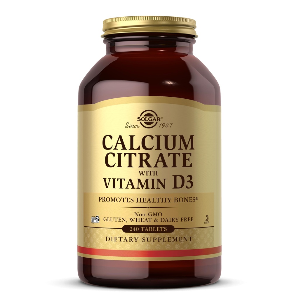 Solgar Kaltsiumtsitraat D3-vitamiiniga, 240 tabletti - edendab tervislikke luid ja hambaid, toetab lihas-skeleti ja närvisüsteeme - mitte-GMO, gluteenivaba, piimavaba, Kosher - 60 serveerimist