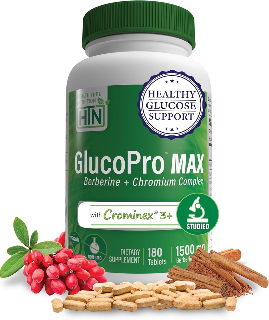 Health Thru Nutrition GlucoPro Max - 1500mg Berberine, Chrominex + Chromium ja 1000mg kaneel | Vegan, Non-GMO, Gluteenivaba | Pakend 180