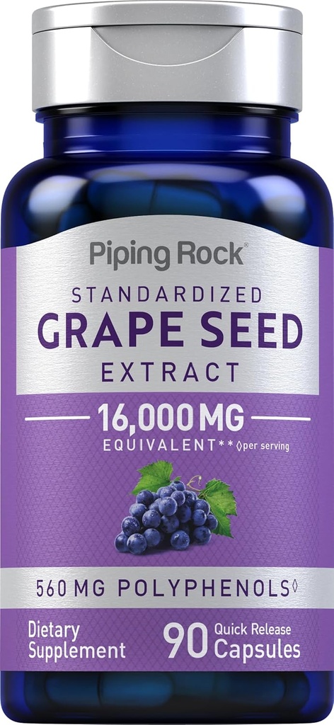 Piping Rock Grape Seed Extract Kapslid | 16 000 mg | 90 Pills | Vitis Vinifera Supplement | Non-GMO, Gluteenivaba