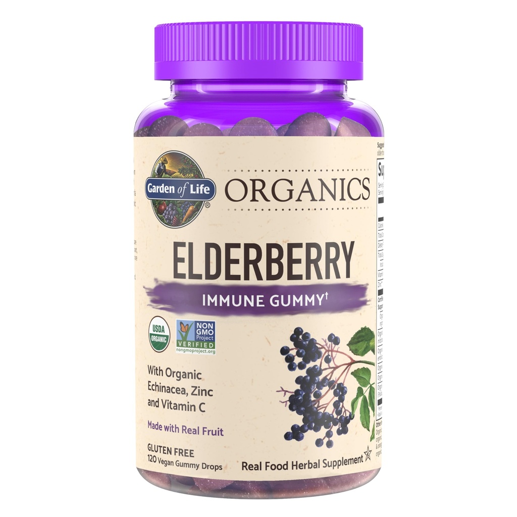 Eluaed Orgaanilised Elderberry Gummies täiskasvanutele ja lastele - Immuunsüsteemi tugilisa orgaanilise puuviljaga, taimse seguga, Elderberry, Echinacea, tsink, C-vitamiin, 120 Vegan Gluteeni tasuta kummikud
