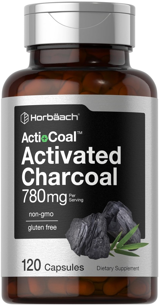 Horbäach Charcoal Pills 780mg | 120 kapslit | Aktiivsüsi kookospähkli koorest | Mitte- GMO ja Gluteenivaba | Acti- kivisüsi
