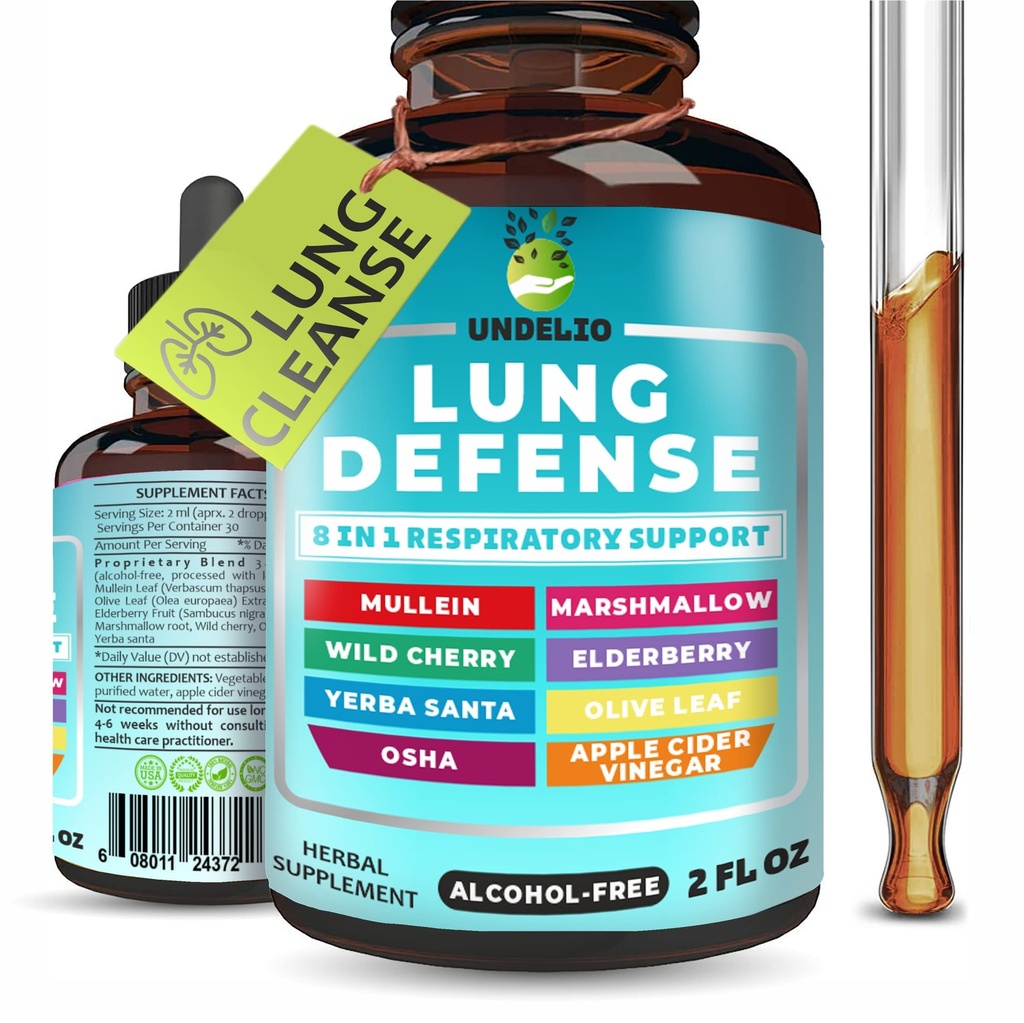 8 in 1 Lung Defense Herbal Extract, Blend (Mullein-Marshmallow-OSHA-Wild Cherry-Elderberry-Yerba Santa-Olive Leaf-ACV) Lung Cleanse, hingamisteede ja immuunsüsteemi tugi. Vedeliklisand 2 OZ