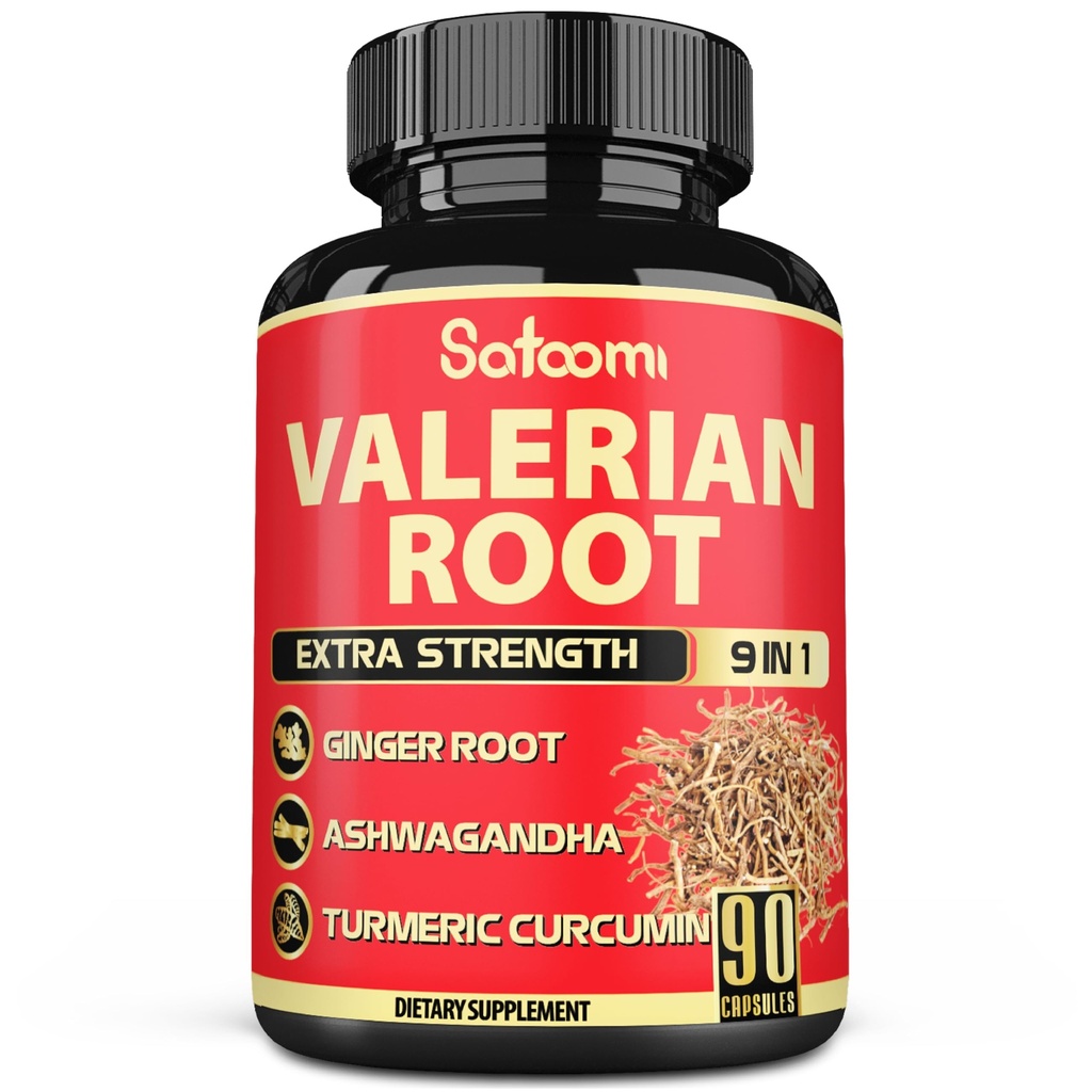 Satoomi Valerian Juurkapslid - 9 Looduslikud maitsetaimed - Ashwagandha, Kurkum, Ingver, Ceyloni kaneel - 90 kapslit 3-kuulise pakkumise jaoks