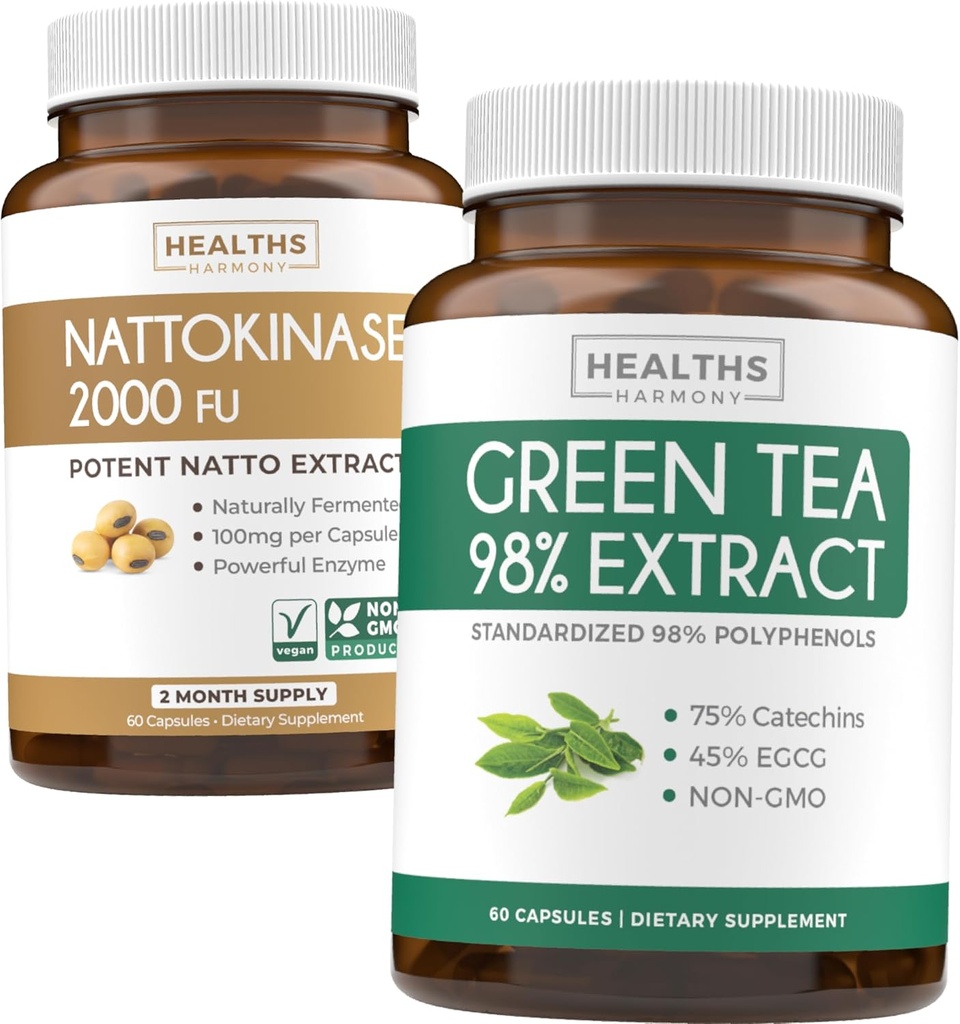 Nattokinase & Green Tea (1-kuuline tarne) Energiatõhus Bundle - Nattokinase 2000 FU Võimsad Looduslikult Fermenteeritud Sojaoad (60 Caps) & Roheline Tee Ekstrakt 98% EGCG (Non-GMO) Looduslik Metabolism Boost
