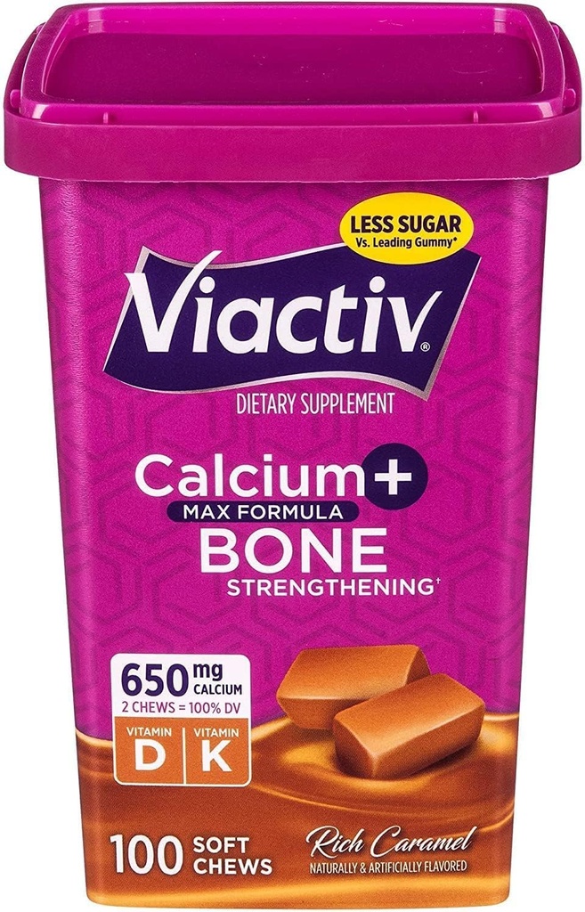 Viactiv Max Formula Calcium + Vitamiin D3 täiendus luu tervisele, rikas karamelli, 100 pehmet närimist