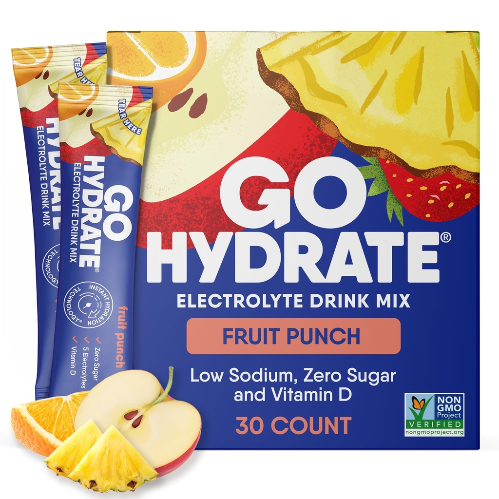 GoHydrate Instant Hydration Powder Packets - Madal naatriumelektrolüütide Joogisegu - Natural Hydration Support, Sugar Free Electrolyte Maitsestatud Pulber Jook D-vitamiini, 30 pakendit, Puuvilja Punch