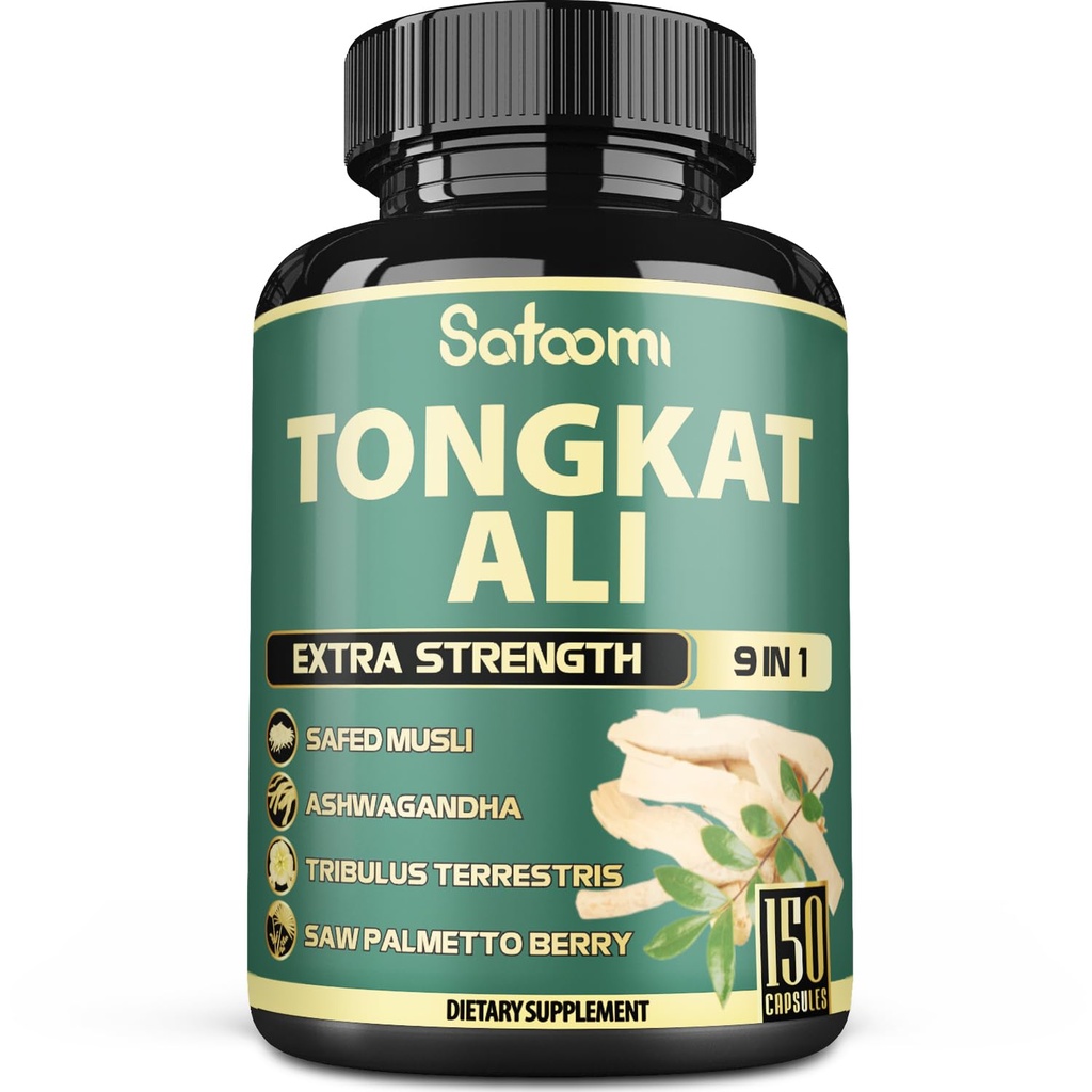 Satoomi 9in1 Tongkat Ali Root Extract 200: 1 - Ashwagandha, Tribulus Terrestris - 150 kapslit 5 kuud - Tugevuse, energia ja tervisliku immuunsuse toetamine