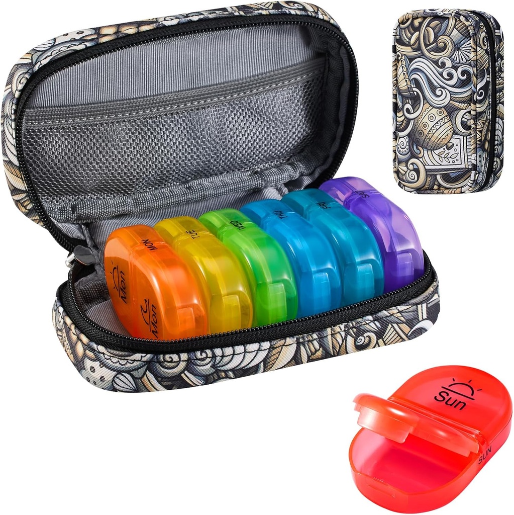 Serfeymi Weekly Travel Pill Korraldaja 2 korda päevas PM Täiustatud Vikerkaar Pill Box 7 päeva kaasaskantav Zipper PU Nahk pillid juhul, meditsiin Korraldaja pillid, vitamiinid, kalaõlid - Brown 03