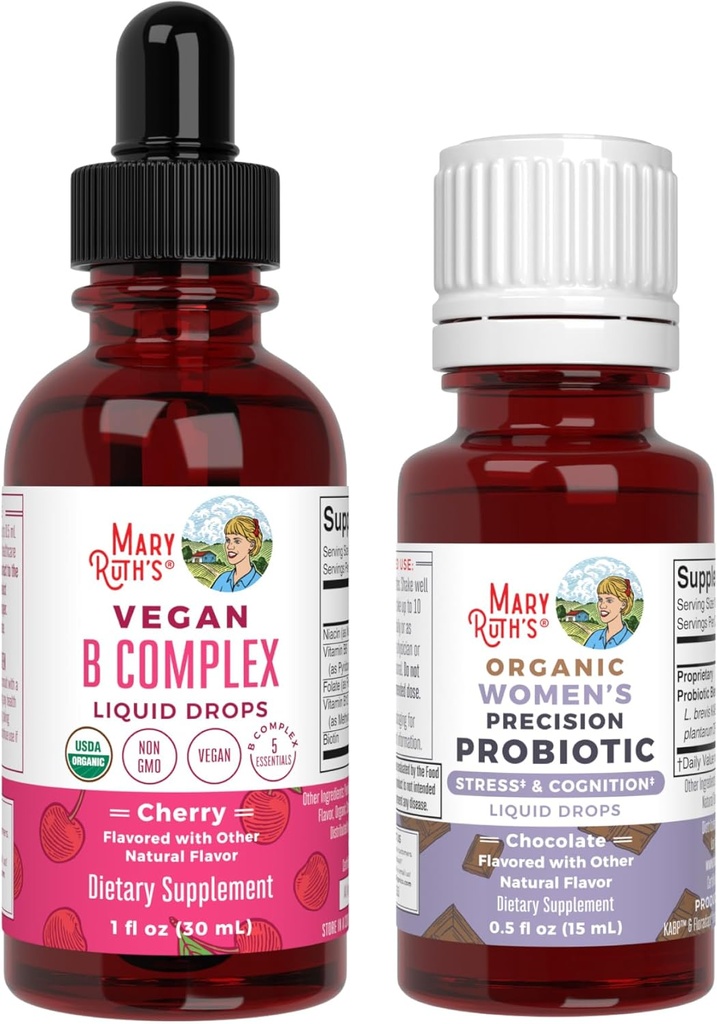 MaryRuth Organics Stress & Cognition Probiotic (Chocolate) for Women & B Complex Drops | USDA Organic, Clean Label Project Verified® | Vitamins for Relaxation, Metabolism, & Health | Vegan, Gluten