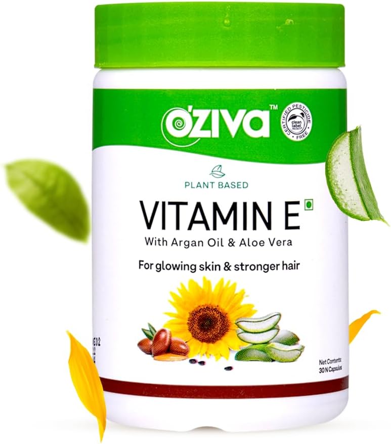OZiva Plant Based 100% looduslik vitamiin E + Aloe Vera + Argan õli hõõguv nahk ja tugevamad juuksed, 30 Veg kapslid, Non GMO