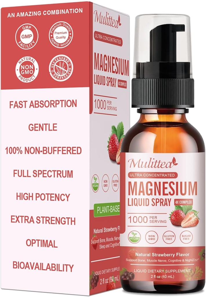 Magneesiumglütsinaat Vedel pihustus tsitraadi, oksiidi ja malaadiga, magneesium kogu vitamiiniga, L-teaniin, D3K2, B6 südamele, jalgade krambid, lihased ja energia - suhkruvaba maasikamaitse, 2 Fl Oz