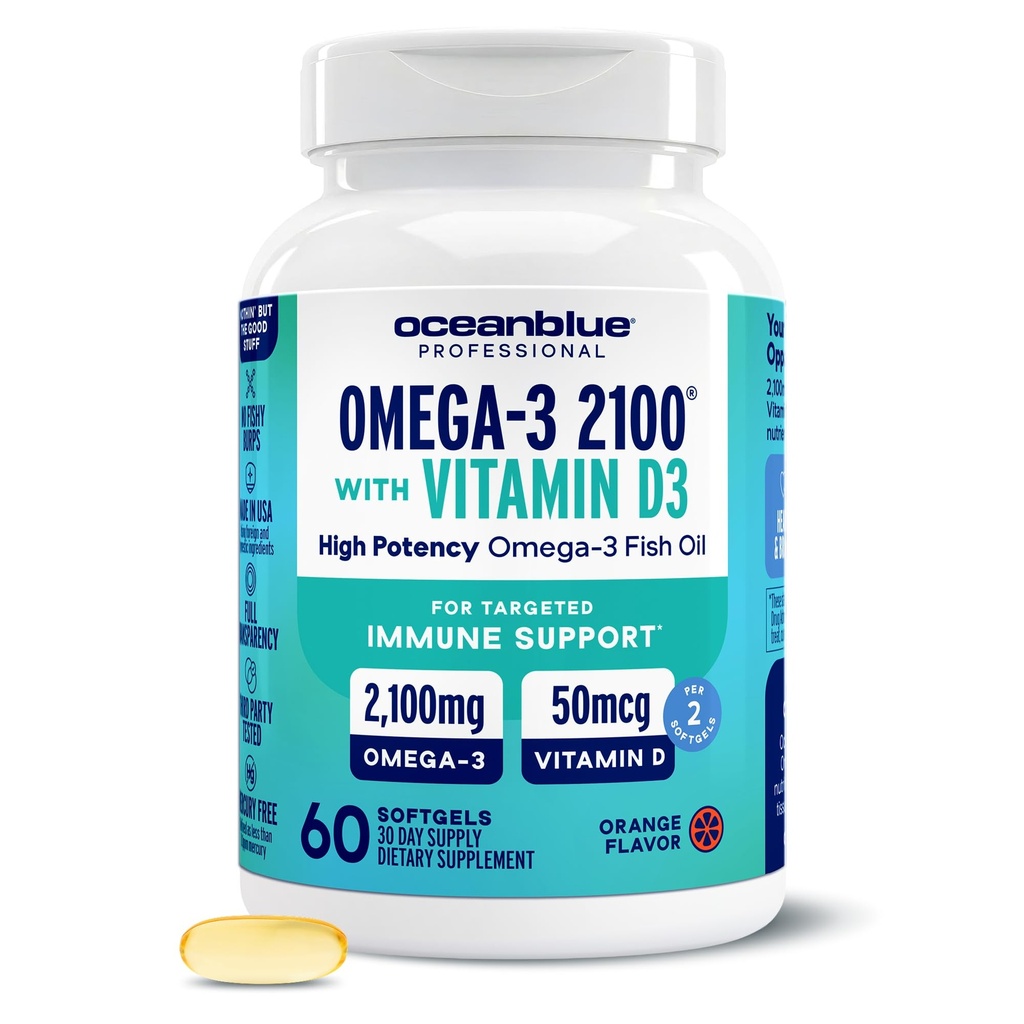 Oceanblue Professional Omega-3 2100 vitamiin D3 - 60 ct - kolmekordne tugevdus Burpless kalaõli lisandiga kõrge tugevusega EPA, DHA, DPA ja vitamiin D3 - looduslikult püütud - oranž maitse (30 serveerimist)