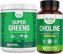 Nested Naturals Super Greens & Choline Bundle | Superfood Pulber probiootikumidega & Fiber & Choline Bitartraat kognitiivse funktsiooni ja puhta energia jaoks