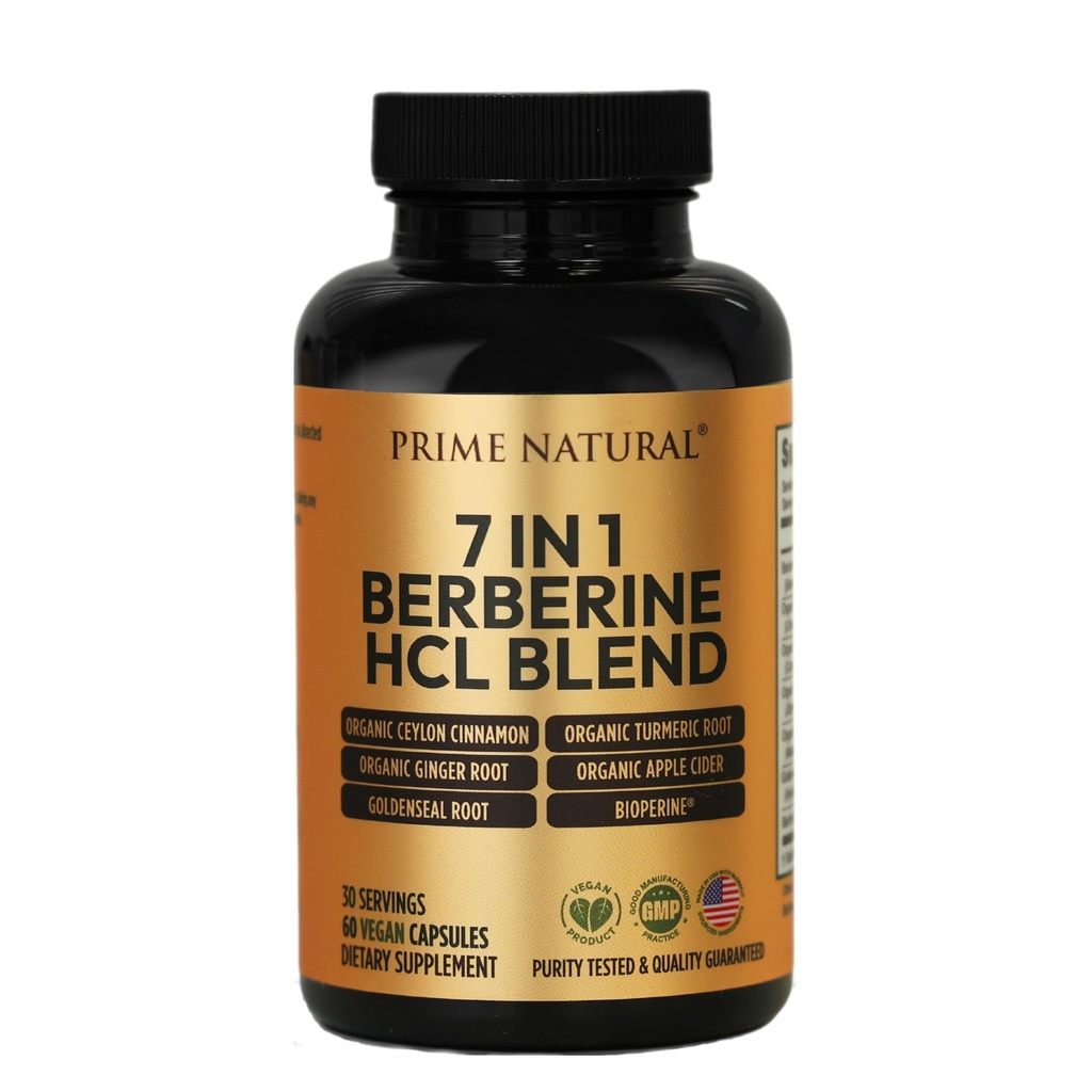 PRIME NATURAL Berberine HCl 600mg Orgaaniline Ceyloni kaneel 400mg Orgaaniline kurkum 200mg Orgaaniline Ginger 130mg Orgaaniline Õunasiider Äädikas 65mg Kuldsejuur 6, 5mg Bioperiin 3mg | 60 kapslit