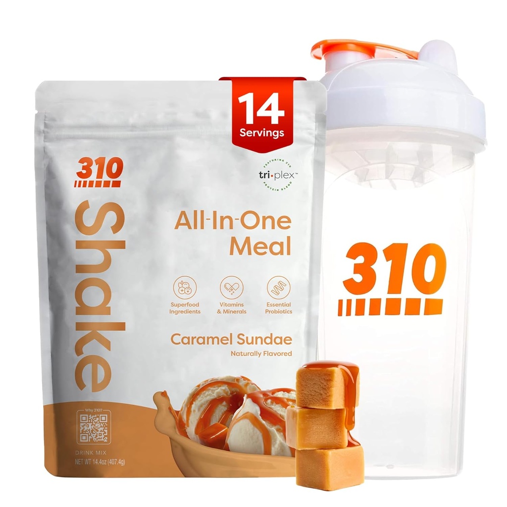 310 Toitumine All-in-One Meal Asendage Shake Pulber w / Shaker Cup Starter Kit - kõrge valgu kiud rikas Vegan Superfood Blend - Sugar-Free, Keto & Paleo Friendly, Low Carb - Caramel Sundae 14 srv