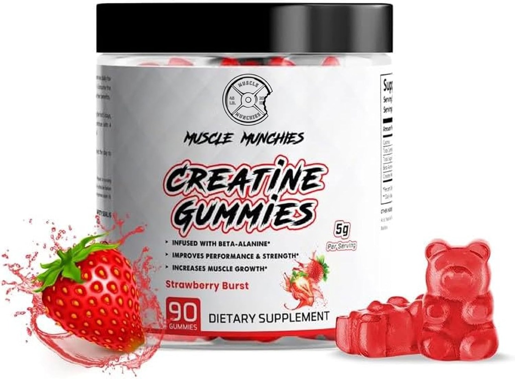 Lihased Munchies Kreatiin Närimiskummid Meestele Ja Naistele - Infundeeritud Beeta-Alaniini-5g Kreatiin Per Serving-Suureneb Tugevus, Vastupidavus Ja Taastamine-Vegan, NonGMO (Maasikas Burst)