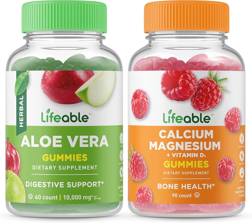 Elujõuline Aloe Vera + Kaltsium Magneesium, Gummies Bundle - suurepärane maitse, vitamiinilisand, Gluteenivaba, GMO-vaba, närimiskõlblik