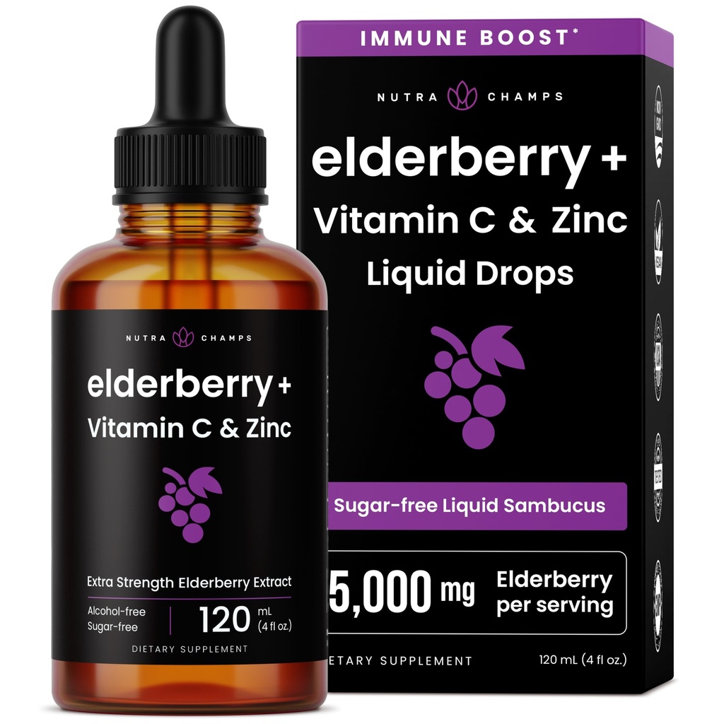 NutraChamps Orgaaniline Elderberry Syrup - 5000mg Elderberry Extract koos C-vitamiini ja tsink - Black Elderberry Vedel tilgad - Sugar-Free Immunity Booster, Vegan, Gluteenivaba