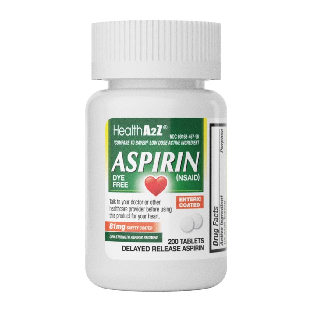HealthA2Z® aspiriin 81 mg | DYE vaba | Madal tugevus | 200 loeb | Valu leevendamine | Vähendab väiksemaid valusid Lihasvalu ja krampe | Palaviku vähendaja | Vähendab peavalu | (NSAID)