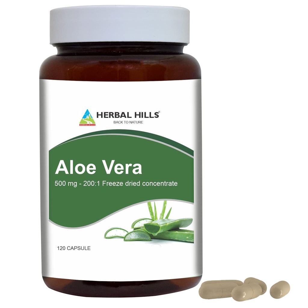 HERBAL HILLS Aloe Vera kapslid (Aloe barbadensis) | 120 kapslit (500 mg) | Pure Aloe Külmutatud Kuivatatud pulbri lisand, kõrge kontsentratsioon, toetab üldist heaolu