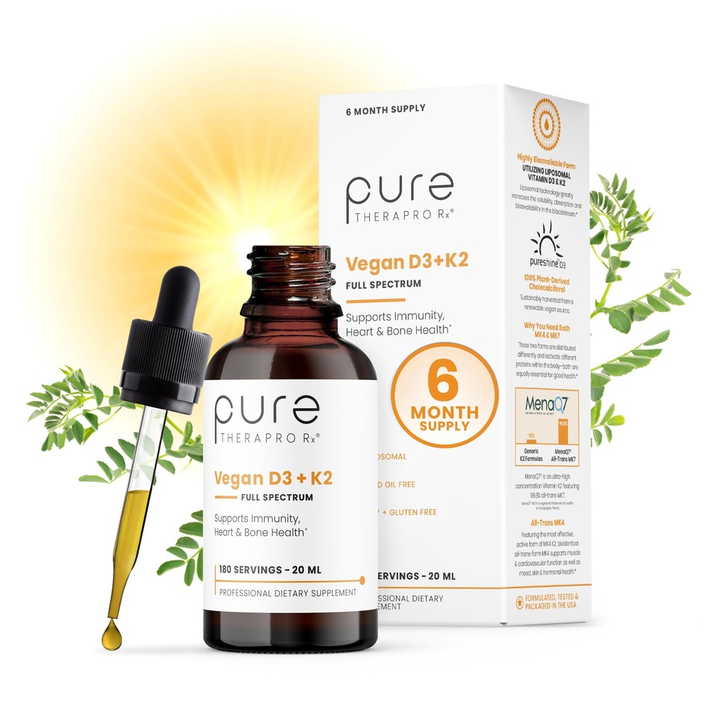 Puhas Therapro Rx Vegan D3 + K2 Orgaaniline 100% Liposomal 20 ml Made in USA | 6 kuu pakkumine | Maksimaalne imendumine Vitamiin D3 ja vitamiin K2 täiendused meestele ja naistele, D3 Vitamiin 5000 RÜ