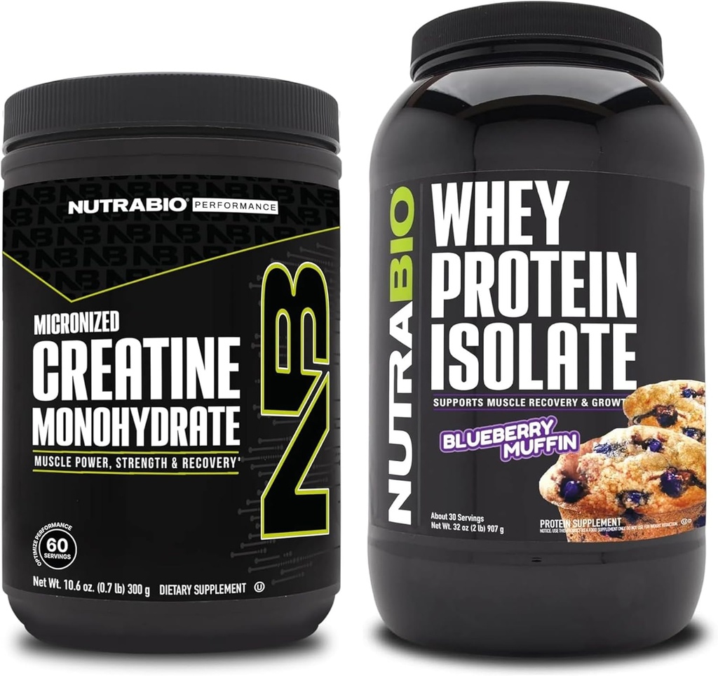 NutraBio kreatiini monohüdraat, maitsestamata, 300g ja vadakuvalgu isolaat, mustika muffin, toidulisand Bundle - lihaste energia, lahjade lihaste kasv, taastumine ja tugevus