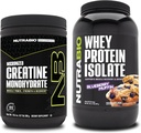 NutraBio kreatiini monohüdraat, maitsestamata, 300g ja vadakuvalgu isolaat, mustika muffin, toidulisand Bundle - lihaste energia, lahjade lihaste kasv, taastumine ja tugevus