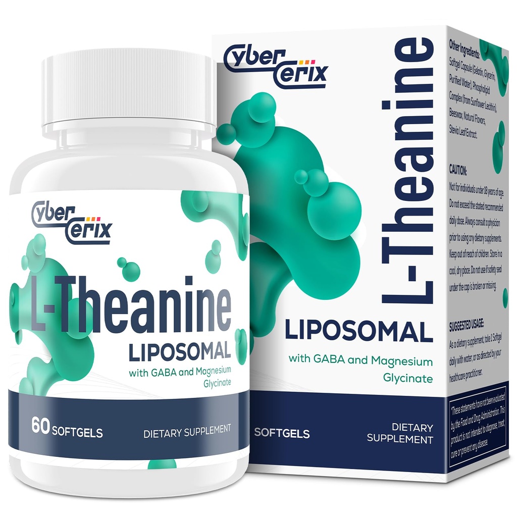 Liposomal L-Theanine 500mg, kompleks GABA 200mg & Magneesium 100mg, ekstra tugevuse täiendus rahulikkusele, lõõgastumisele ja fookusele, Gluteenivaba - 60 kapslit