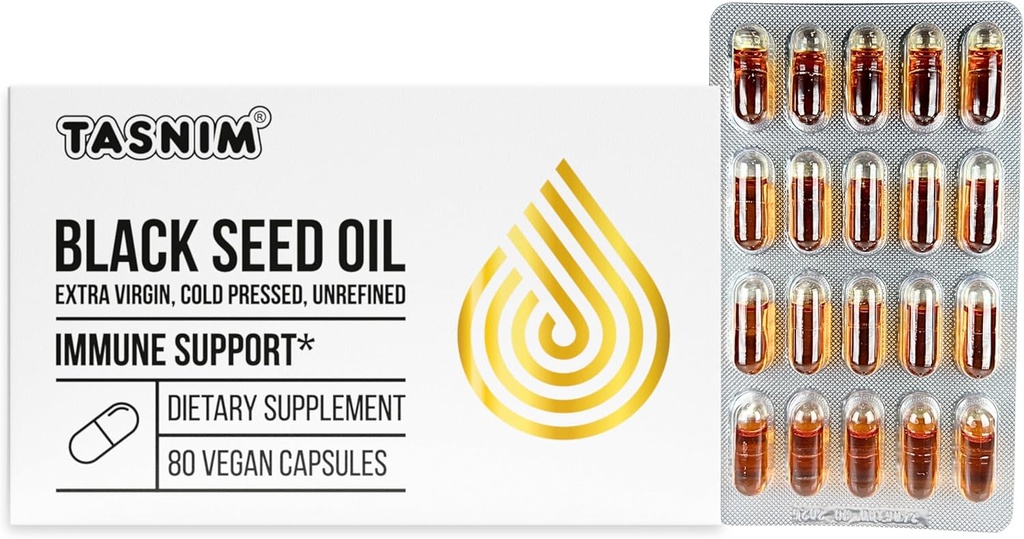 Tasnim Black Seed Oil Orgaaniline külmpressitud kapslid 100% puhas külmpressitud Black Cumin Seed Oil Nigella Sativa immuunsuse toetamiseks, ühine mugavus ja elujõud