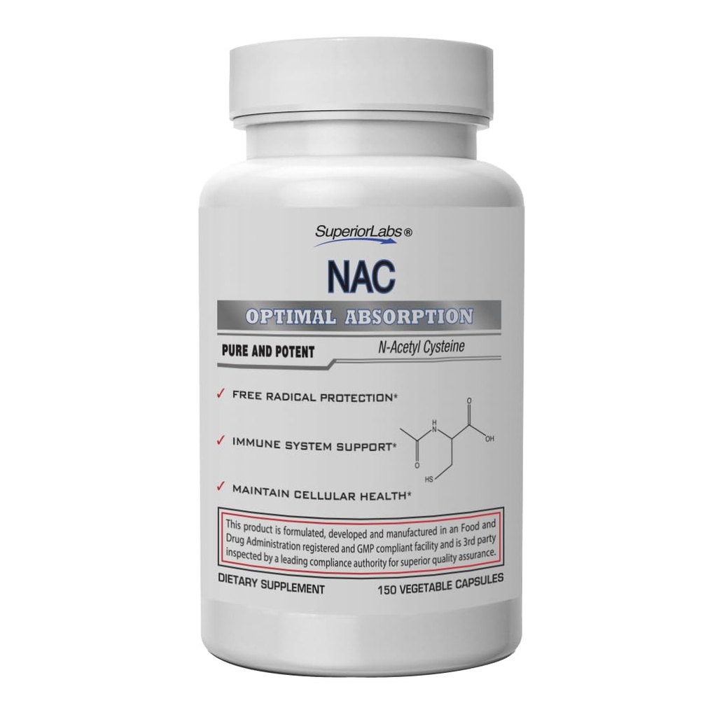 Superior Labs NAC (N-atsetüültsüsteiin) 1200mg, 150 köögiviljakapslit, toidulisand seleeniga, vaba radikaalne kaitse, normaalne immuunsüsteemi funktsioon, säilitab raku tervise