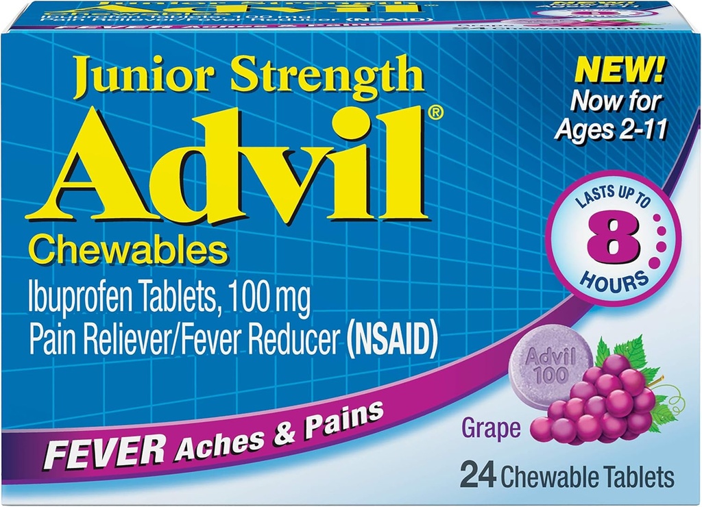 Advil Junior närimistable Ibuprofen tabletid, viinamarjad 100mg, 24 tabletti iga (pakk 6)