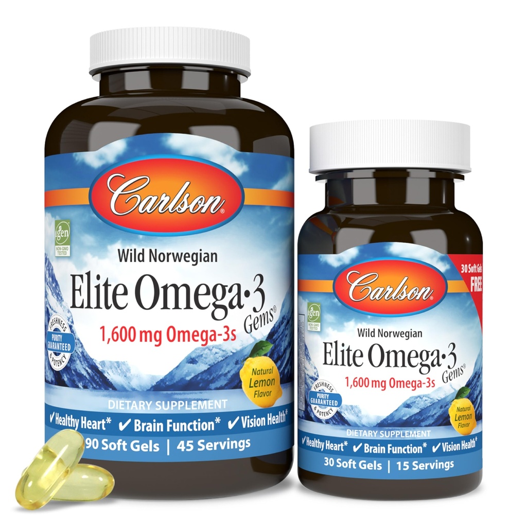 Carlson - Elite Omega-3 Gems, 1600 mg Omega-3 rasvhapped, sealhulgas EPA ja DHA, Norra, looduslikult püütud kalaõli lisand, jätkusuutlikult hangitud kapslid, sidrun, 90 + 30 Softgels