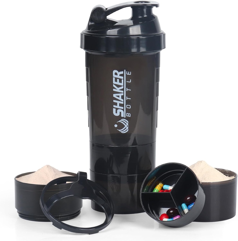 VECH Shaker pudelid valgusegud Treeningu Shaker Lekketõend veepudel Non Slip 3 kiht Keerake välja 3 OZ pillide salvega ladustamiseks Valgupulber Loksutage pudel 16 OZ Loksutamine Cup (must)