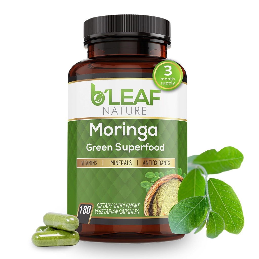 B'LEAF LOODUS Orgaaniline Moringa kapslid 1000mg, 180 Count - Moringa kapslid orgaanilise olefeira pulbriga immuunsuse toetamiseks, energia ja tasakaalu jaoks - vegan, mitte-GMO toidulisandid igapäevaseks terviseks