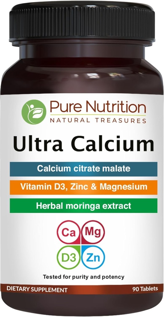 Puhas toitumine Ultra Kaltsium 1000mg VIT D3 + K2 | 90 Tab | Väga imenduv Kaltsiumlisandi kaltsiumtsitraatmalaat, VIT D3, K2, Moringa Oleifera, Magneesium ja tsink.