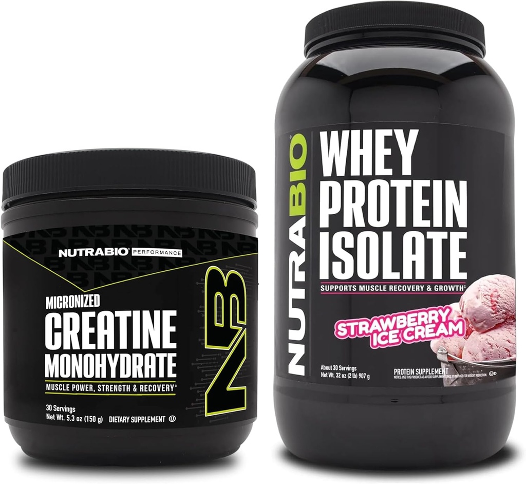 NutraBio kreatiini monohüdraat, maitsestamata, 150 g ja vadakuvalgu isolaat, maasikajäätis, lisandkomplekt - lihasenergia, lahjade lihaste kasv, taastumine ja tugevus
