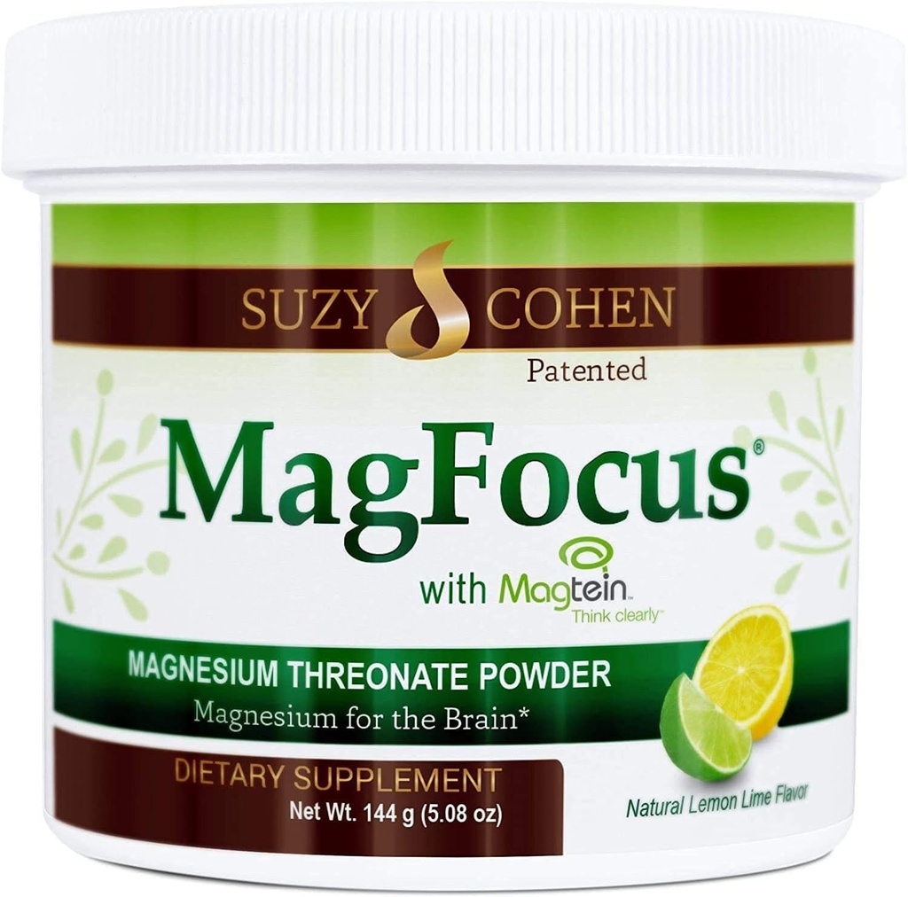 Suzy Cohen MagFocus Magneesium Threonate Pulber Toidulisand 200mg, Tervislik Närv, Toetus Tunnetus, Energia, Luu Tervis, Stevia, Sidrunimaitse, 60 Serving