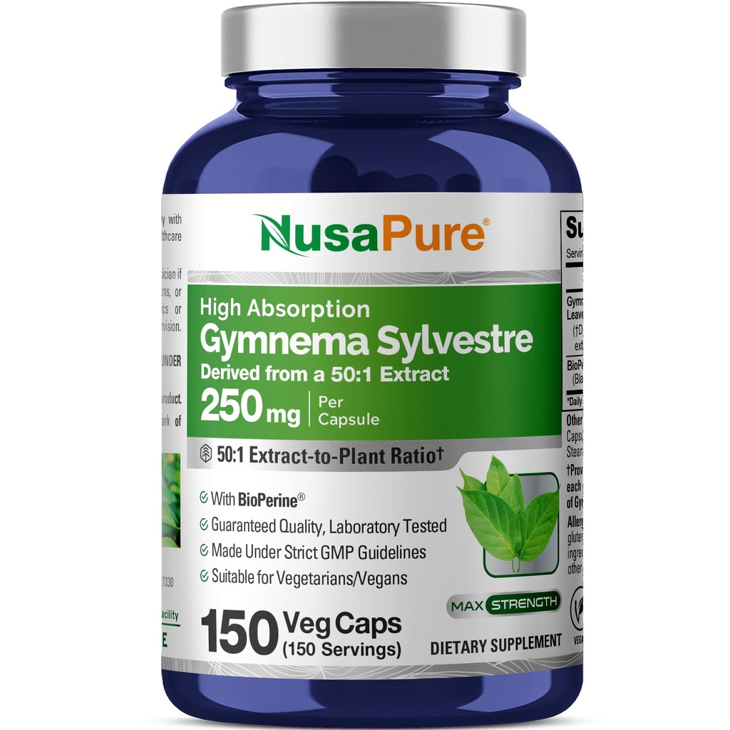 NusaPure Gymnema Sylvestre 50: 1 Ekstrakt, 250 mg, mis vastab 12 500 mg Vegan Caps - 150 Count (Non-GMO, Vegan, Bioperine)