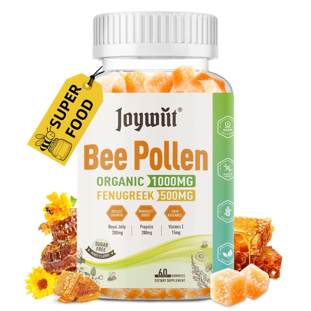 Bee Pollen 1000mg Sugar Free Gummies, w / lambaläätse, Royal Jelly, Propolis, Orgaaniline Bee Pollen närimistable toidulisand naistele, rikas E-vitamiini, immuunsus ja nahahooldus, 60 loeb