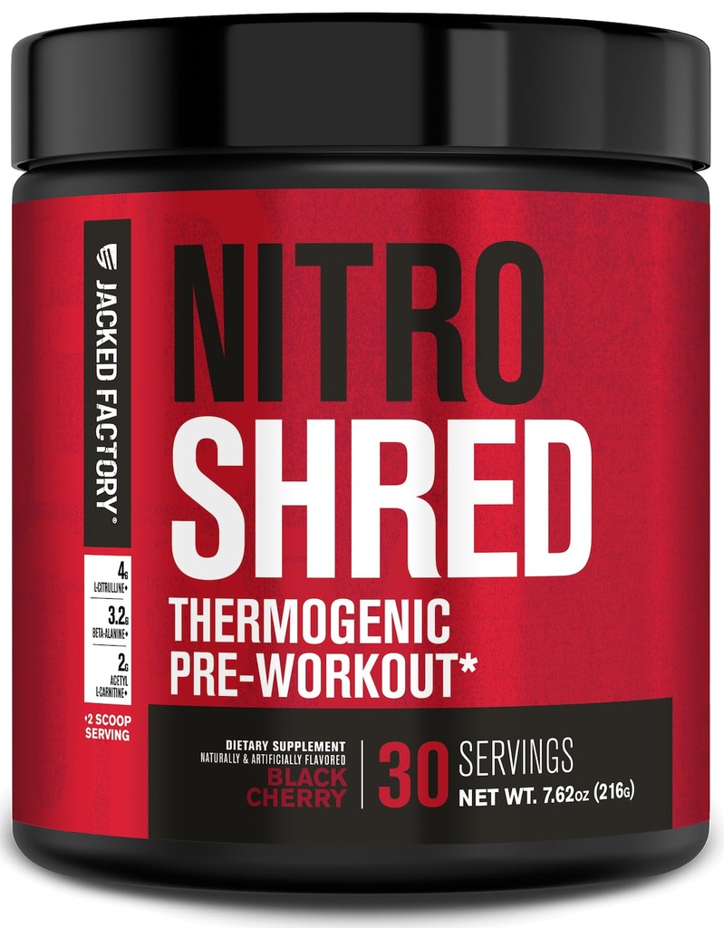 Jacked Factory NITROSURGE Shred Pre Workout Supplement - Energiatugevdaja, Kiirtugevdus Kasum, Terav Fookus, Võimas Pump - Lämmastikoksiidi Booster & PreWorkout Powder - 30Sv, Black Cherry